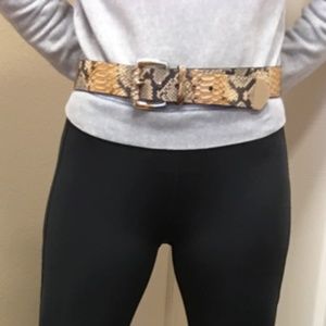 Snake print leather belt with gold buckle